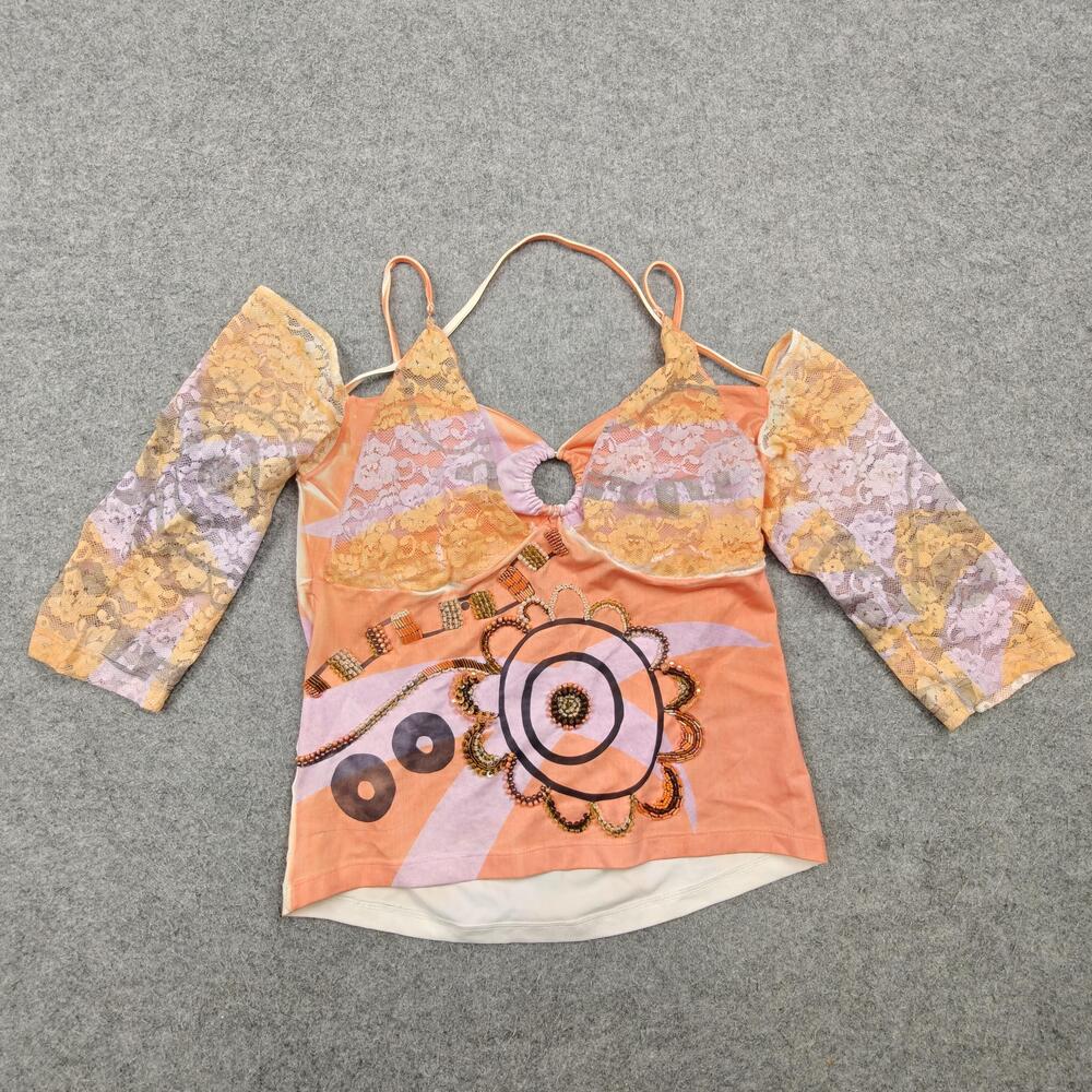 Passion Tank Womens Large Orange Camisole Halter Floral Beaded Sequin Party